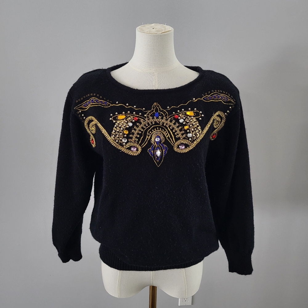 Vintage 80s Beaded Embellished Sweater Black Jeweled Glam Statement Top S